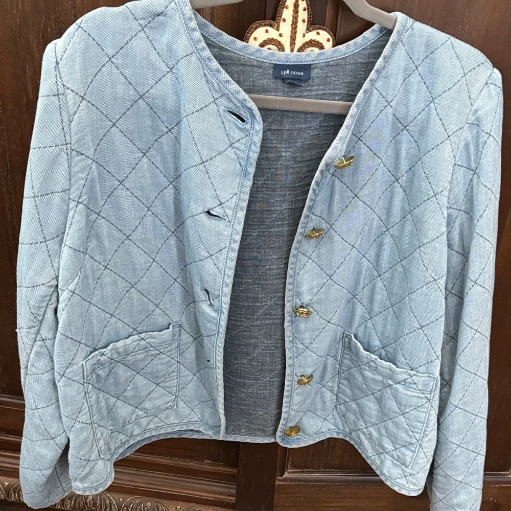 J. Jill Light Blue Quilted Denim Jacket with Gold Buttons - Picture 4 of 4